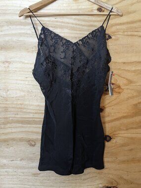 NWT Linda Hartman 100% Silk Lace Slip Dress Med Black Lingerie Chemise Coquette